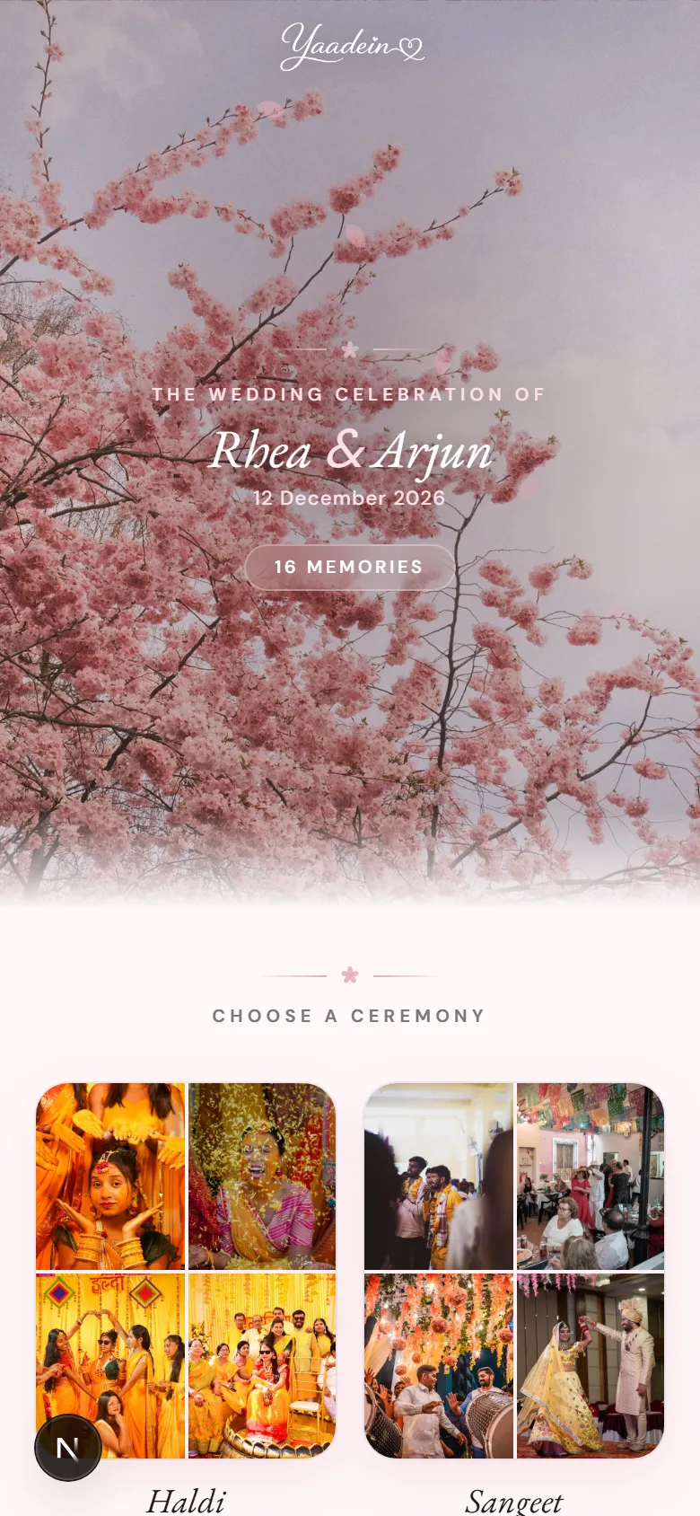 A Yaadein couple album, organised into ceremony chapters