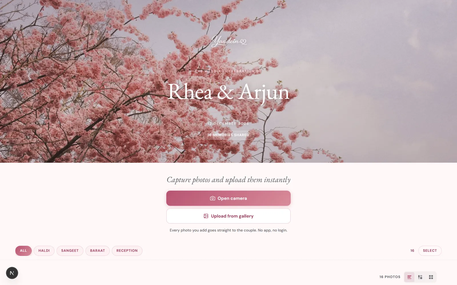 The Yaadein guest upload page for the sample Rhea and Arjun wedding