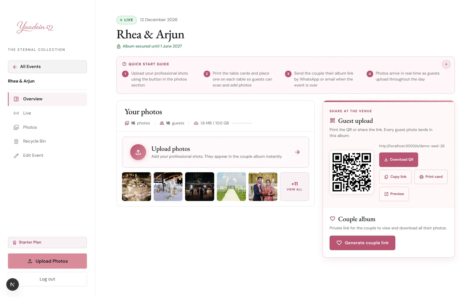 The Yaadein photographer dashboard: guest photos, the venue QR code, and the couple's private album link